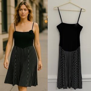 Jersey Knit Drop Waist Midi Dress Black & White Striped Sz S